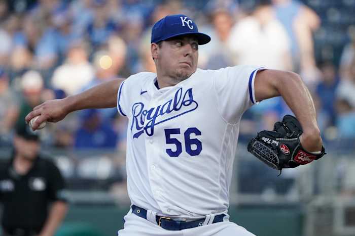 Jun 7, 2022; Kansas City, Missouri, USA; Kansas City Royals starting pitcher Brad Keller (56) delivers a pitch against the Toronto Blue Jays in the first inning at Kauffman Stadium. Mandatory Credit: Denny Medley-USA TODAY Sports